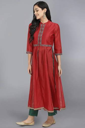Red silk plain kurta set