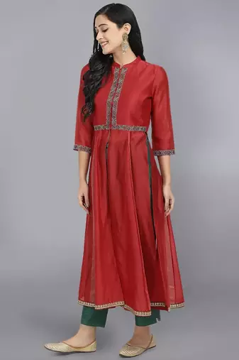 Red silk plain kurta set
