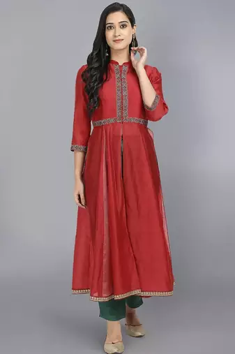 Red silk plain kurta set
