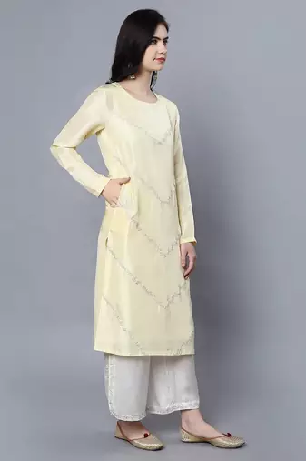 Yellow chanderi silk plain kurta set