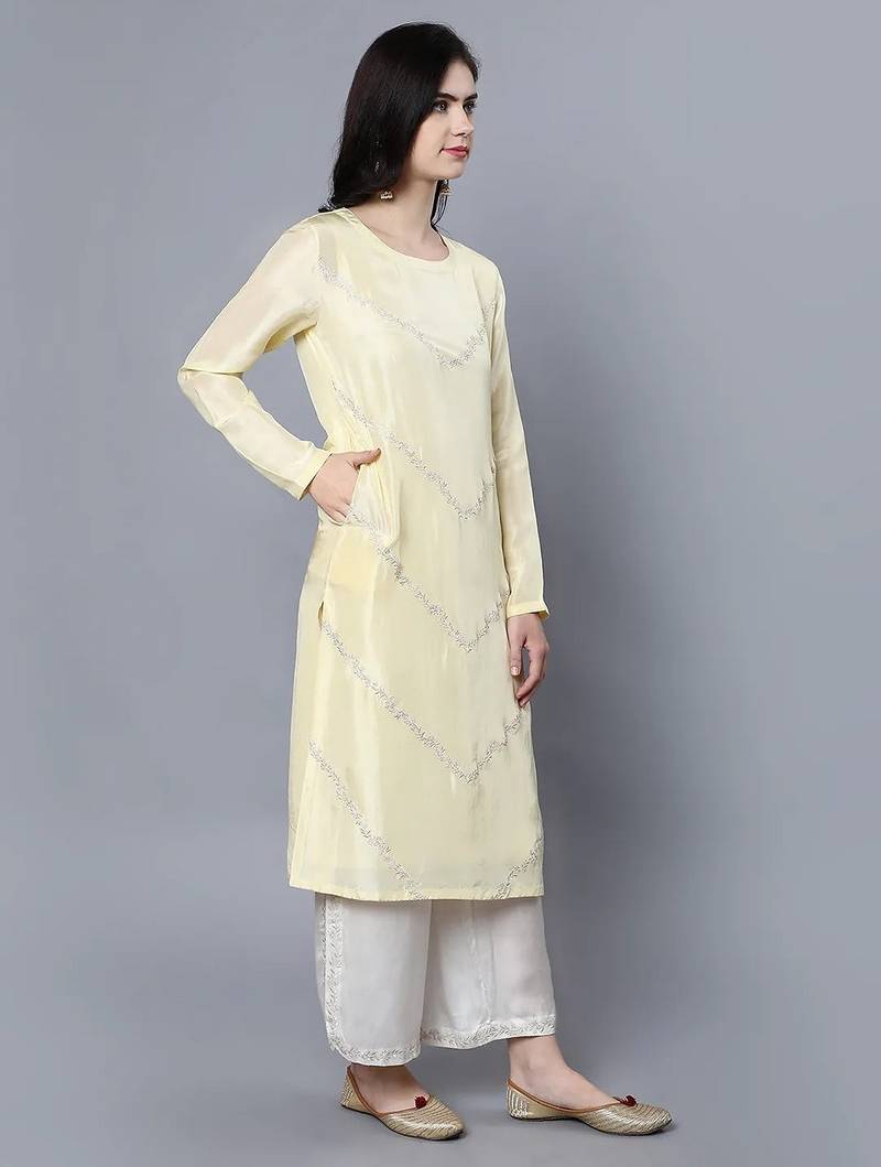 Yellow chanderi silk plain kurta set