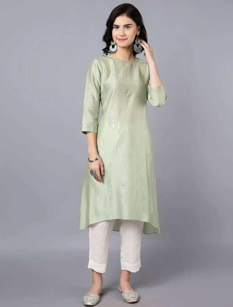 Green chanderi silk plain kurta set