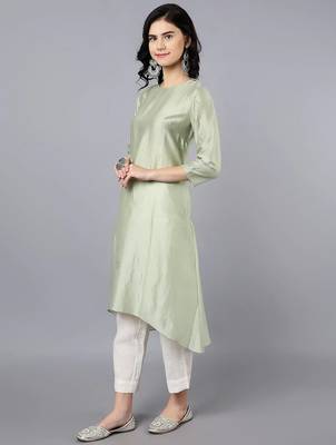 Green chanderi silk plain kurta set 2