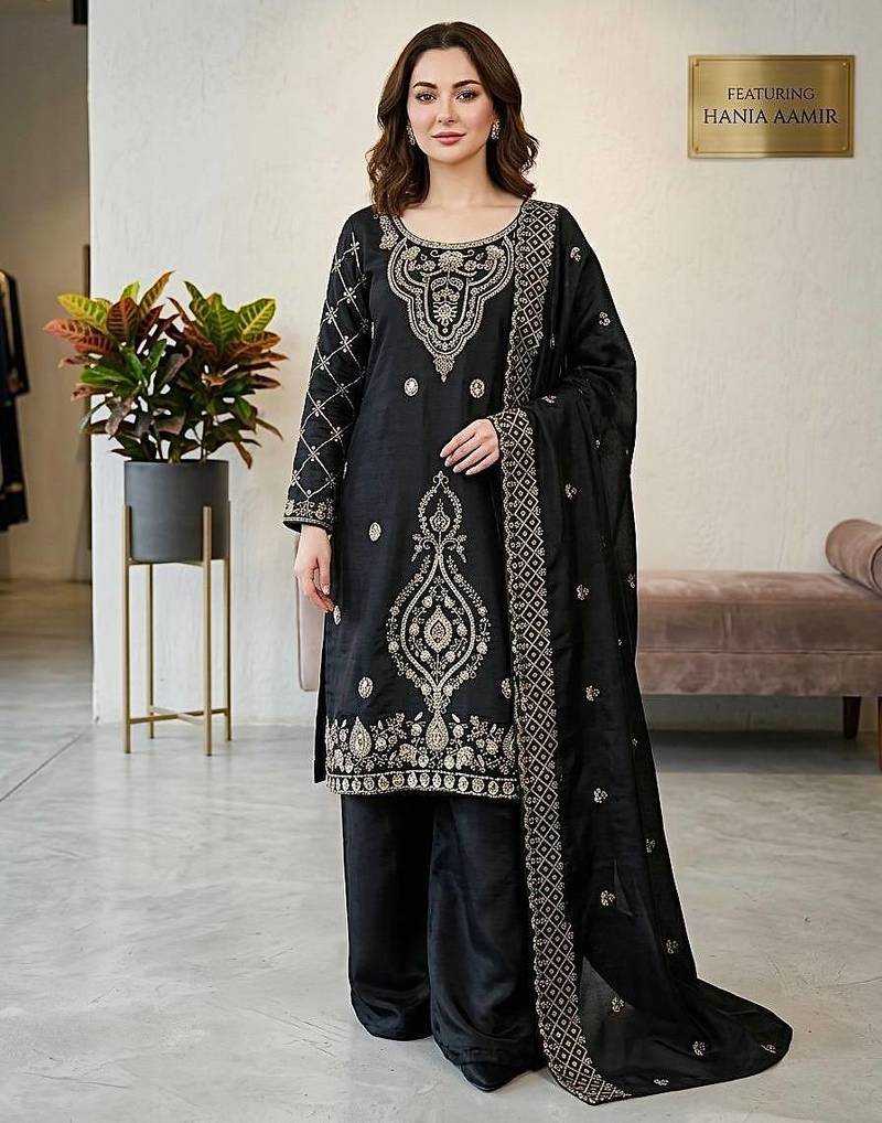 designer party wear gimmy silk top-plazzo and dupatta with heavy embroidery beads work