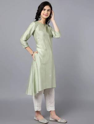 Green chanderi silk plain kurta set 3