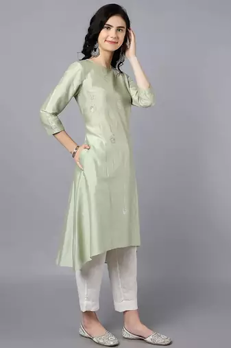 Green chanderi silk plain kurta set