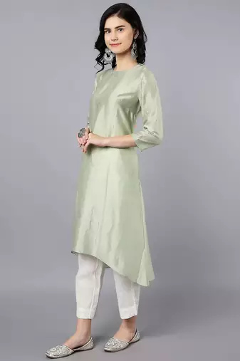 Green chanderi silk plain kurta set