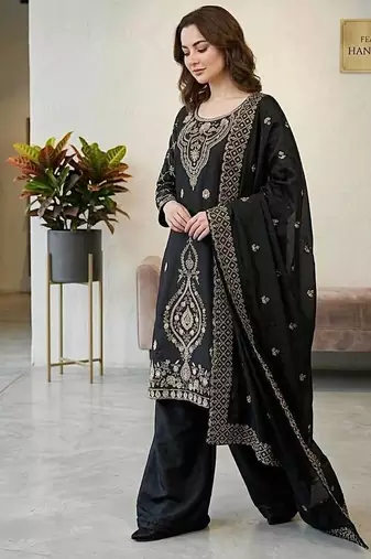 designer party wear gimmy silk top-plazzo and dupatta with heavy embroidery beads work