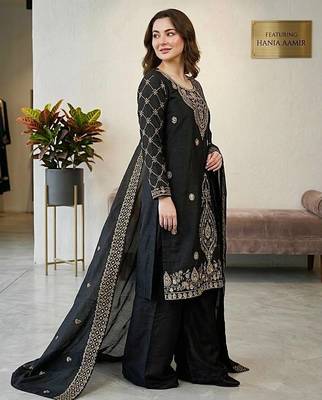 designer party wear gimmy silk top-plazzo and dupatta with heavy embroidery beads work 3