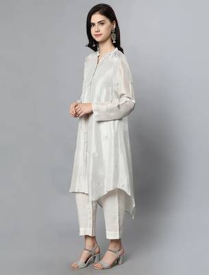 Off white chanderi silk plain kurta set 3