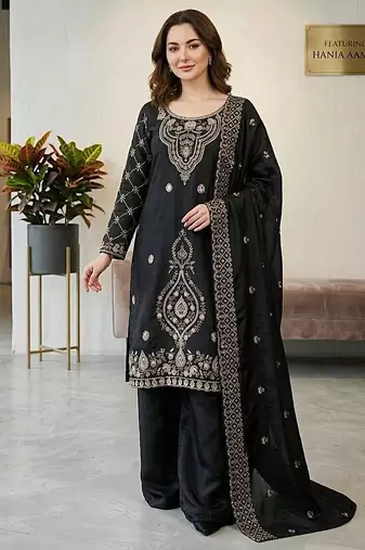 designer party wear gimmy silk top-plazzo and dupatta with heavy embroidery beads work