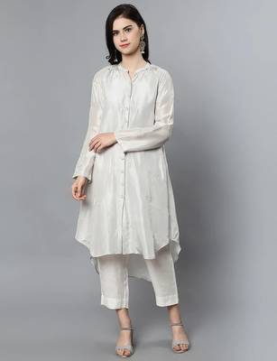Off white chanderi silk plain kurta set 1
