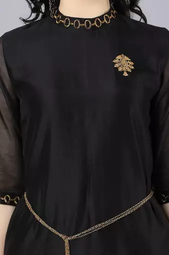 Black silk plain kurta set