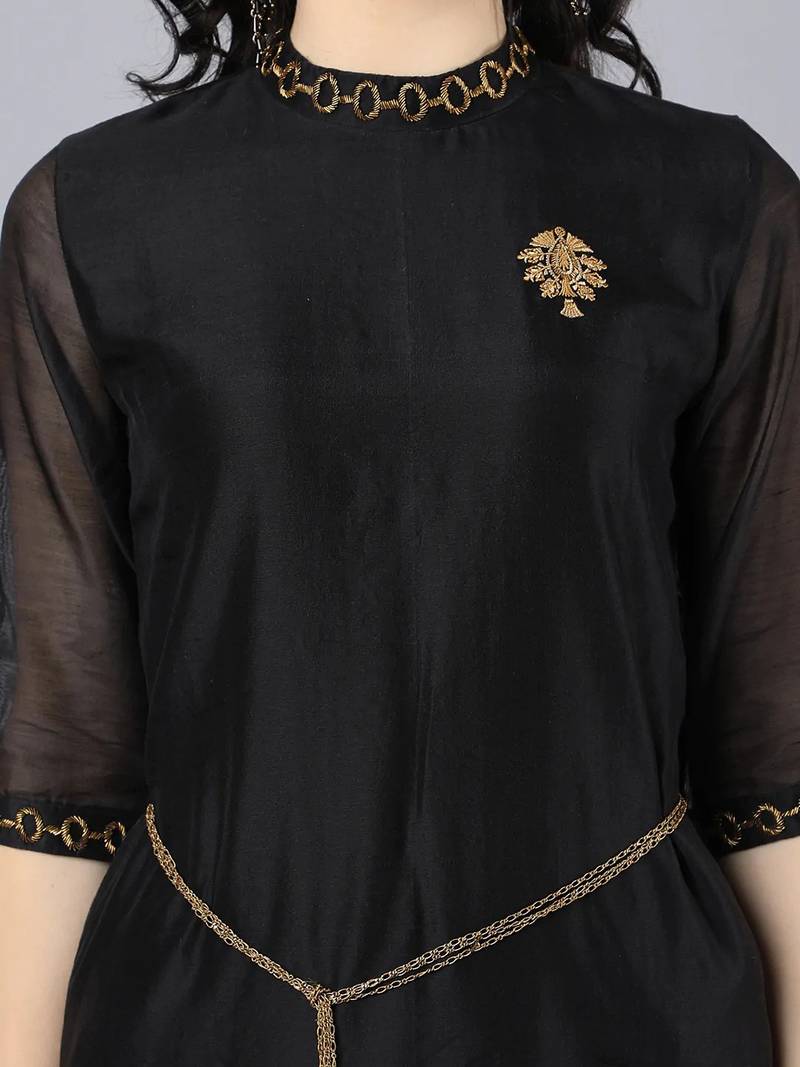 Black silk plain kurta set