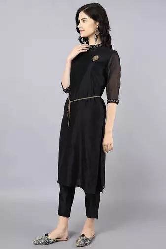 Black silk plain kurta set