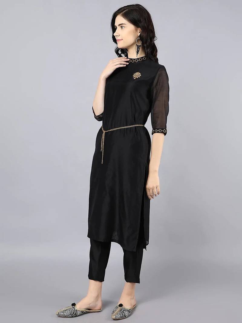 Black silk plain kurta set