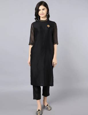 Black silk plain kurta set 1