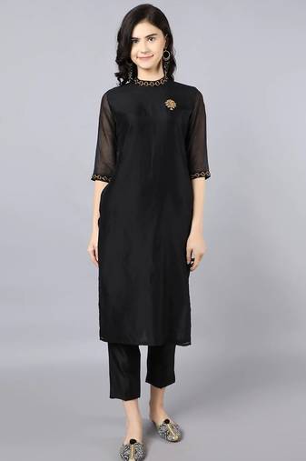 Black silk plain kurta set