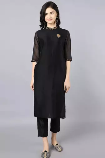 Black silk plain kurta set