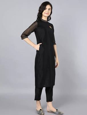Black chanderi silk plain kurta set 2