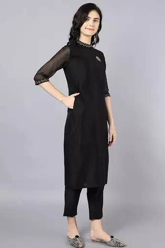 Black chanderi silk plain kurta set