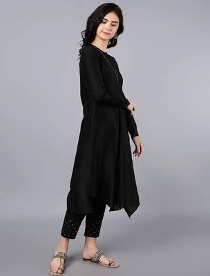 Black chanderi silk plain kurta set 4