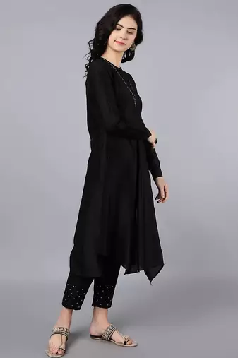 Black chanderi silk plain kurta set