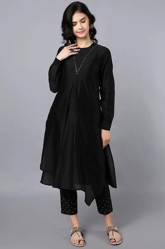 Black chanderi silk plain kurta set