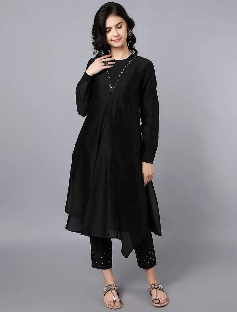 Black chanderi silk plain kurta set