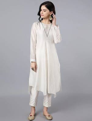 Off white chanderi silk plain kurta set 4