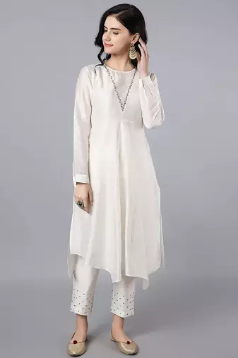 Off white chanderi silk plain kurta set