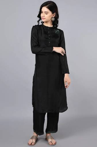 Black silk plain kurta set
