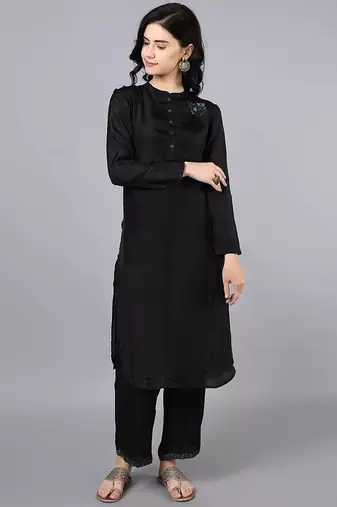 Black silk plain kurta set