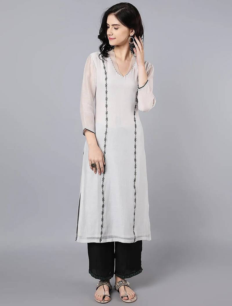 Off white chanderi silk floral print kurta set