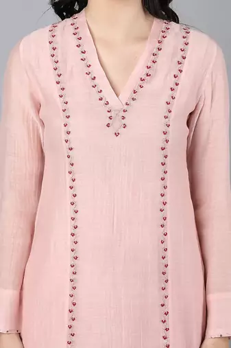 Peach chanderi silk floral print kurta set