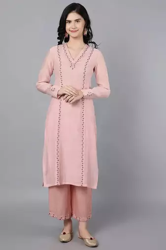 Peach chanderi silk floral print kurta set