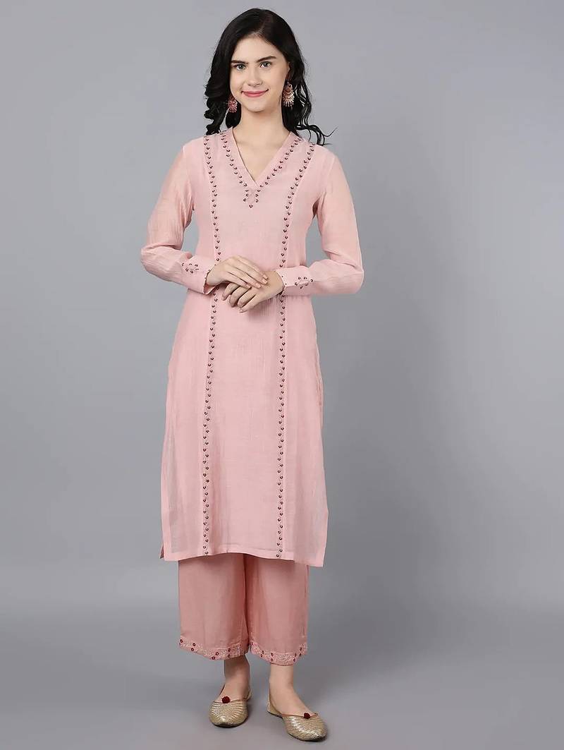 Peach chanderi silk floral print kurta set