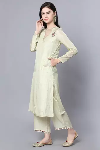 Green silk floral print kurta set