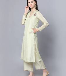 Green silk floral print kurta set