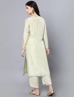 Green silk floral print kurta set 3