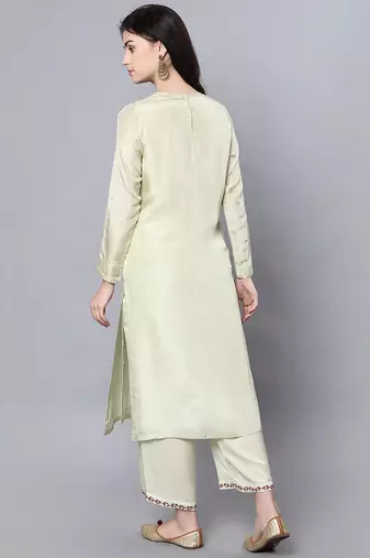 Green silk floral print kurta set