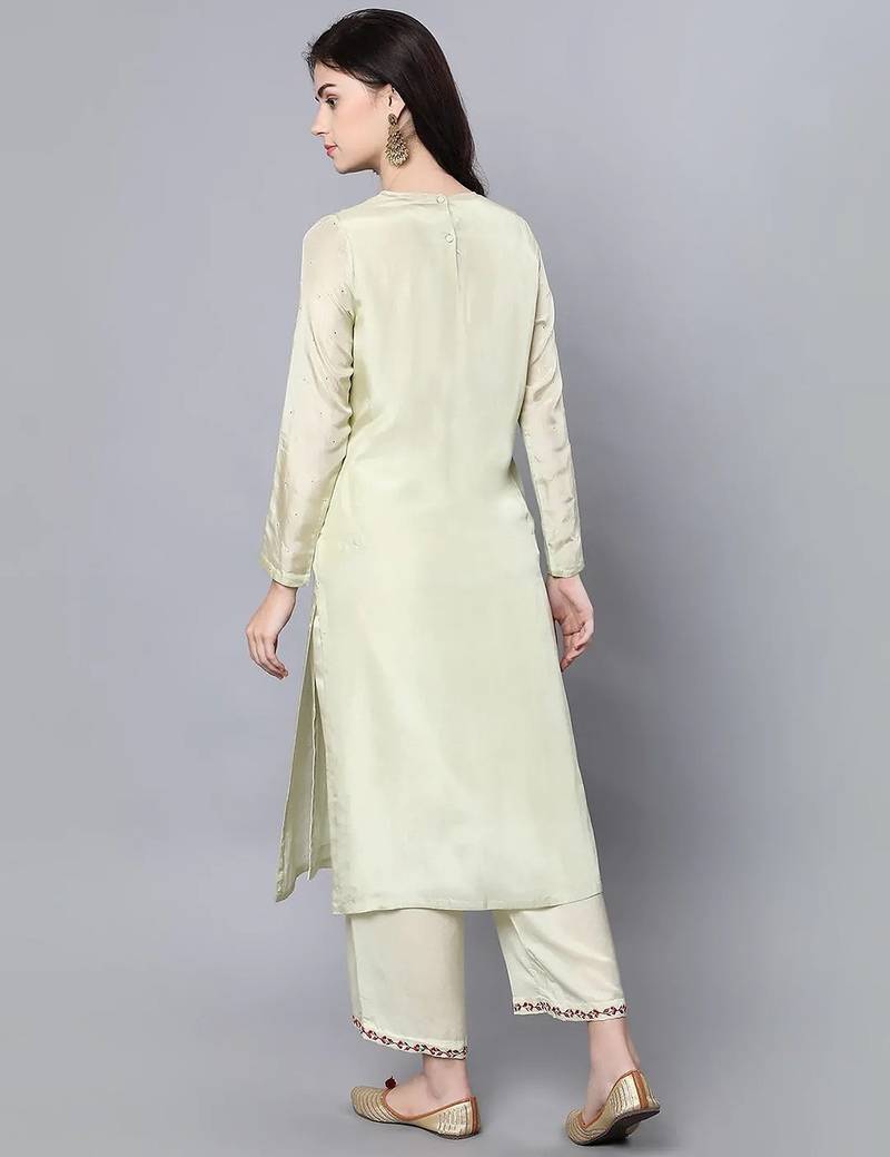 Green silk floral print kurta set