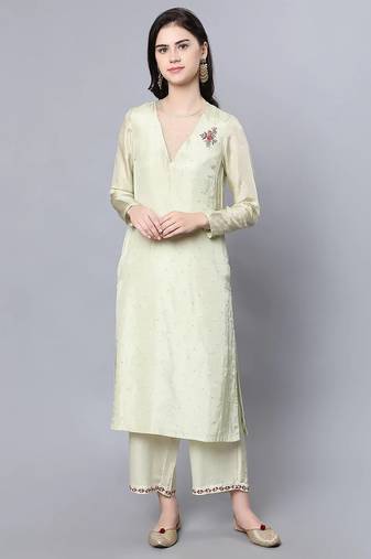 Green silk floral print kurta set