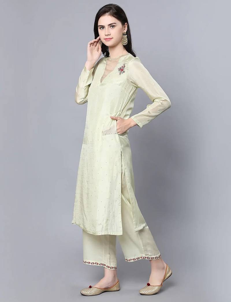Green silk floral print kurta set
