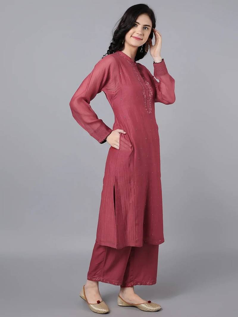 Red chanderi silk floral print kurta set