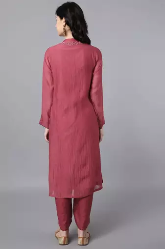 Red chanderi silk floral print kurta set