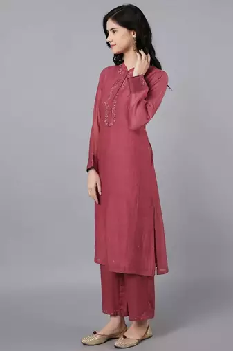 Red chanderi silk floral print kurta set