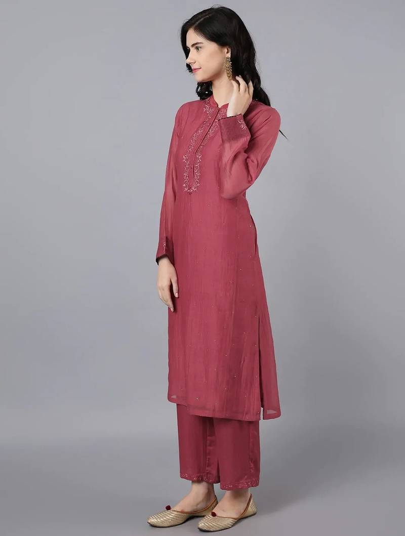 Red chanderi silk floral print kurta set