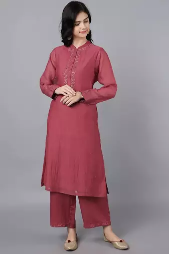 Red chanderi silk floral print kurta set