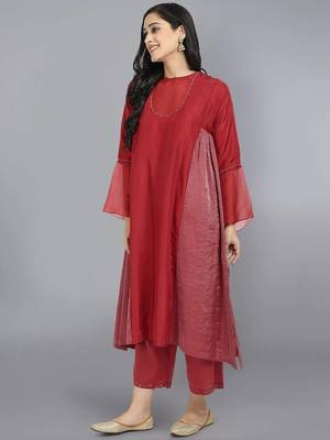 Red silk plain kurta set 3